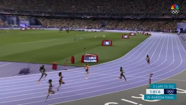 Wide shot example in Women's 4x400 relay in the Paris Olympics